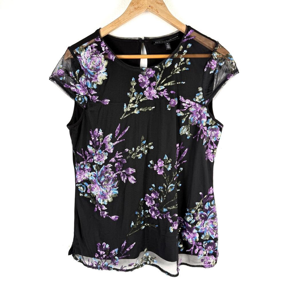 White House Black Market Black Purple Floral Sequins Sheer Overlay Blouse Medium
